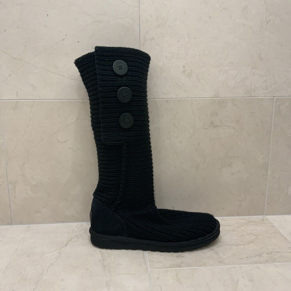 UGG Australia Sz US 8 EU 39 Boots Cardy Tall Black Sweater Knit Button Women EUC